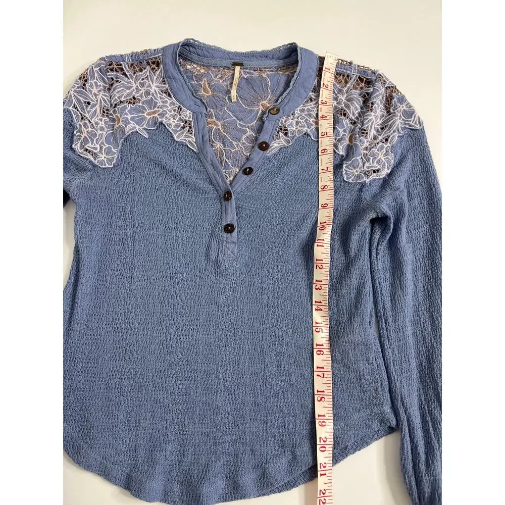 Free People Easy Breezy Blue Thermal Henley Top Small Long Sleeve Boho Shirt